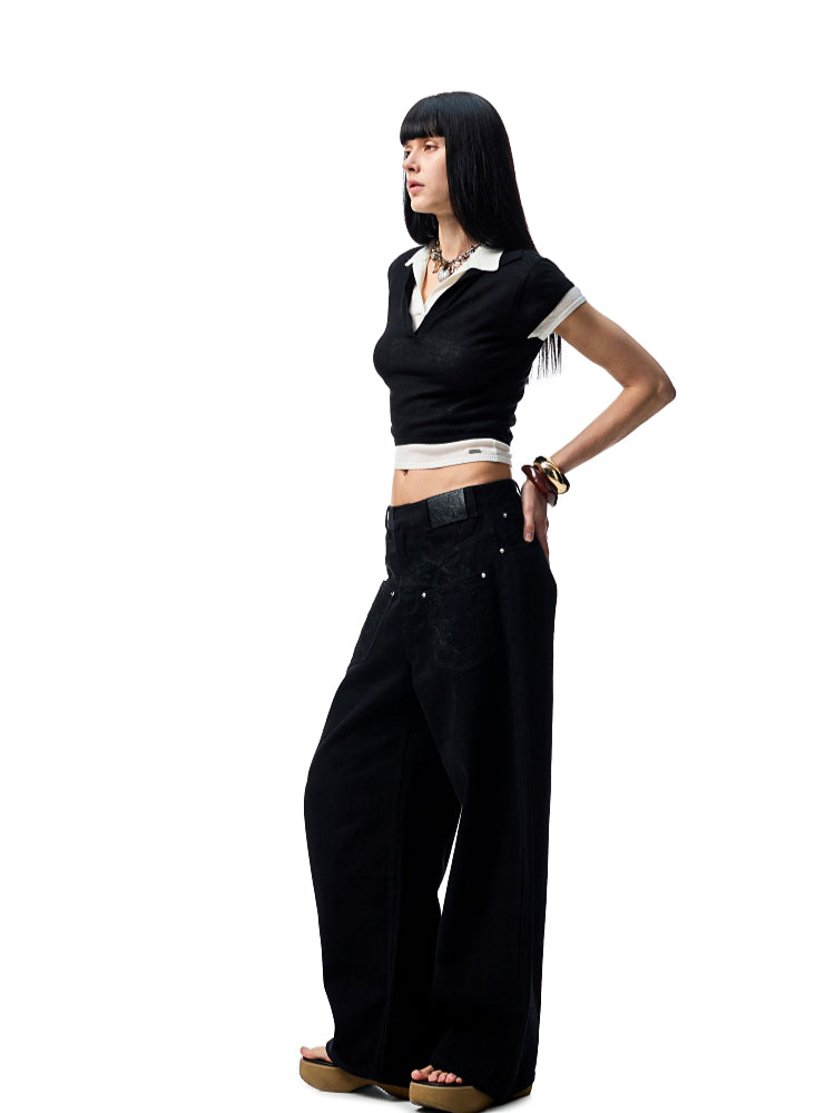 Color-Blocking Fake Two-piece Knit Polo Shirt