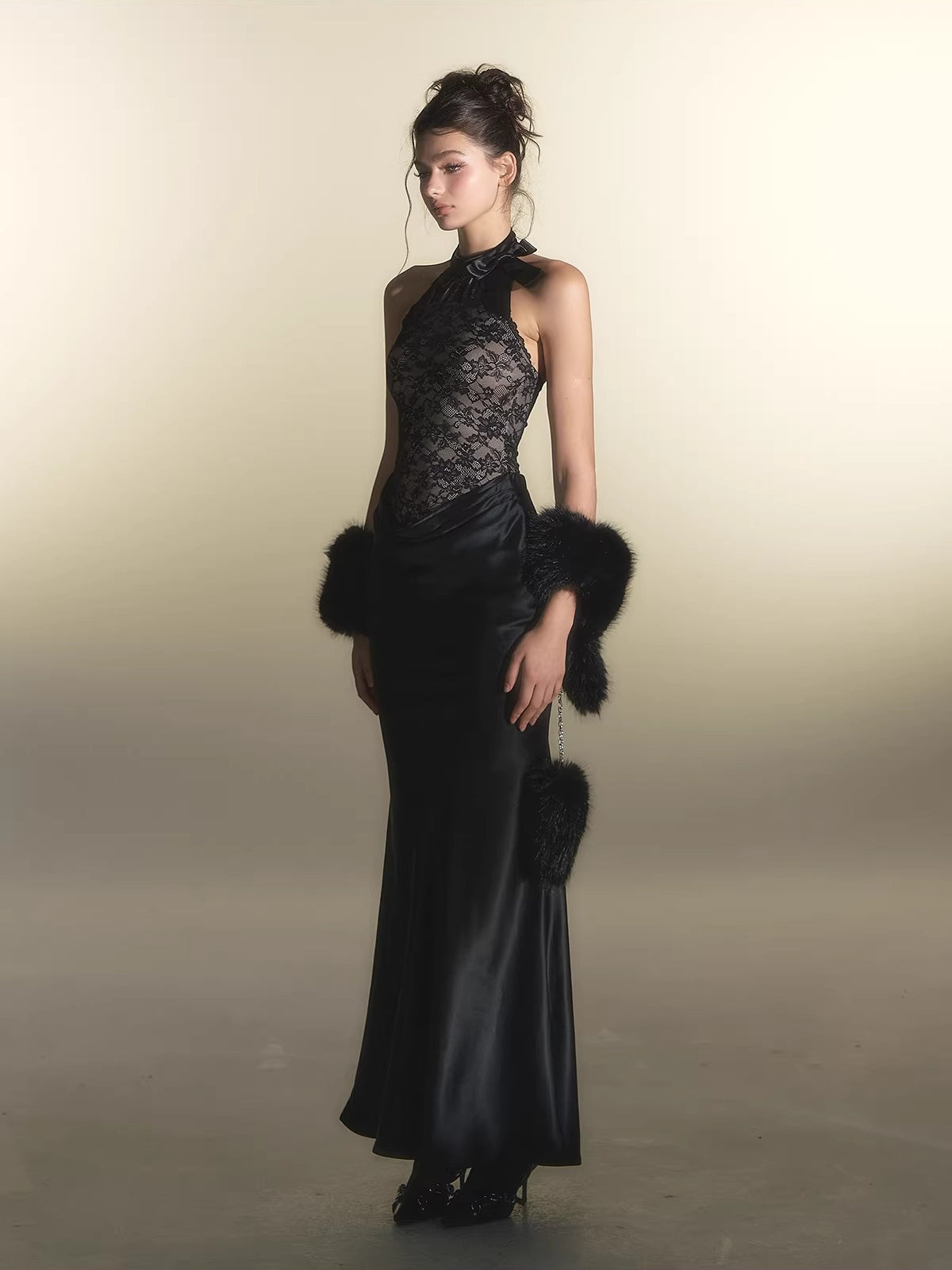 Black Lace Panel Acetate Dress