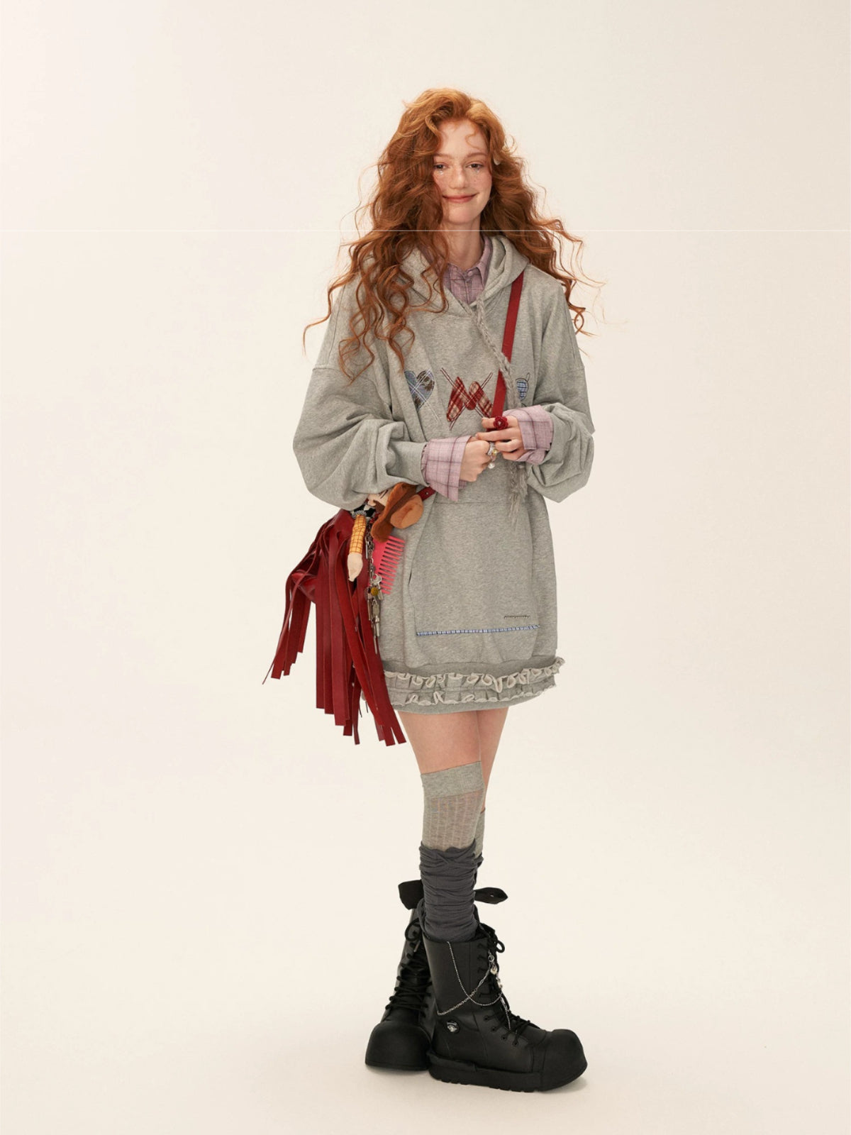 Plaid Embroidered Hooded Sweatshirt Dress