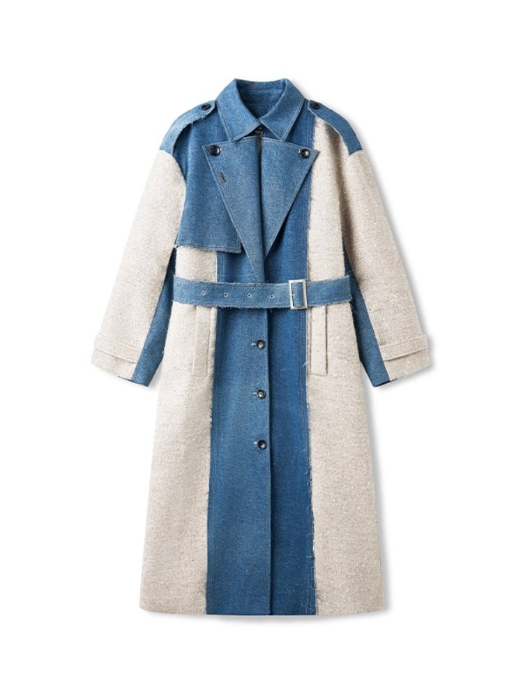 “Caracal Series” Washed Twill Patchwork Wool Denim Trench Coat