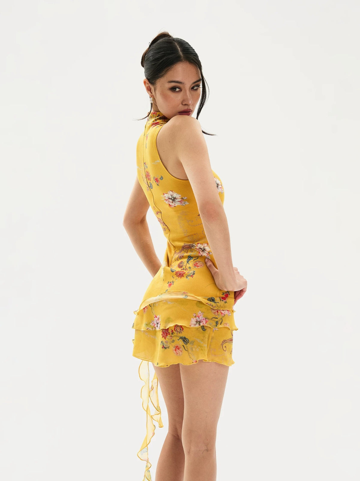 Mandarin Collar Floral Qipao Mini Dress