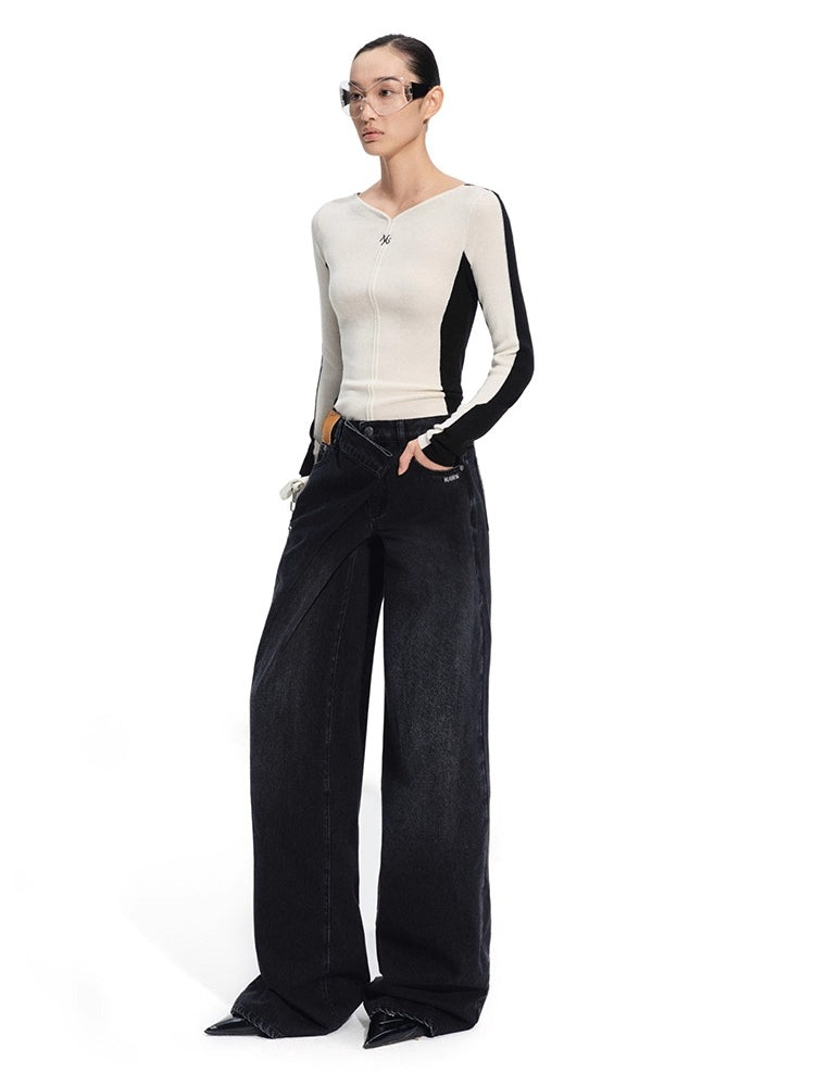 Sailor-Inspired Washed Twill Denim Low-Rise Straight Jeans