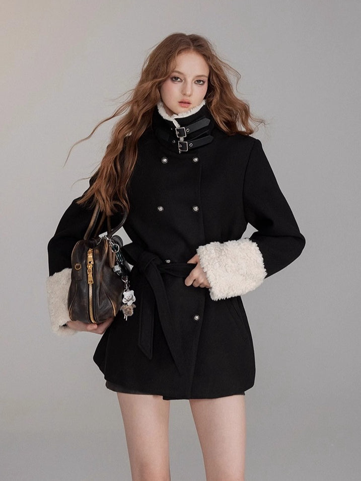 Belted Faux Fur-Cuff Mid-Length Coat