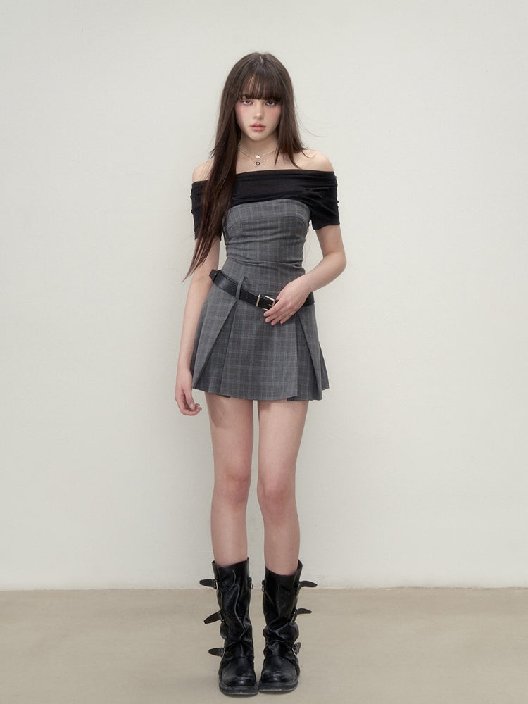 Faux Two-Piece Spliced Waist-Defining Pleated Dress