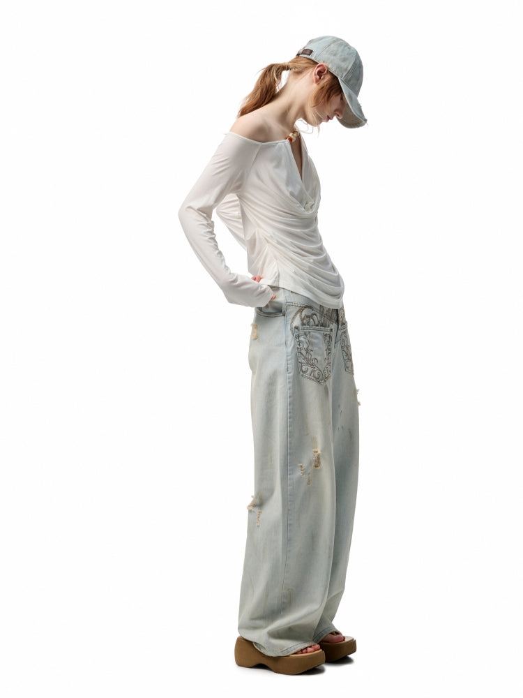 Beaded Cowl Neck Off-shoulder Long-sleeve Tunic