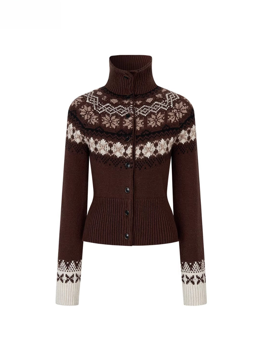 Fair Isle Heavy-Duty Knit Turtleneck Cardigan