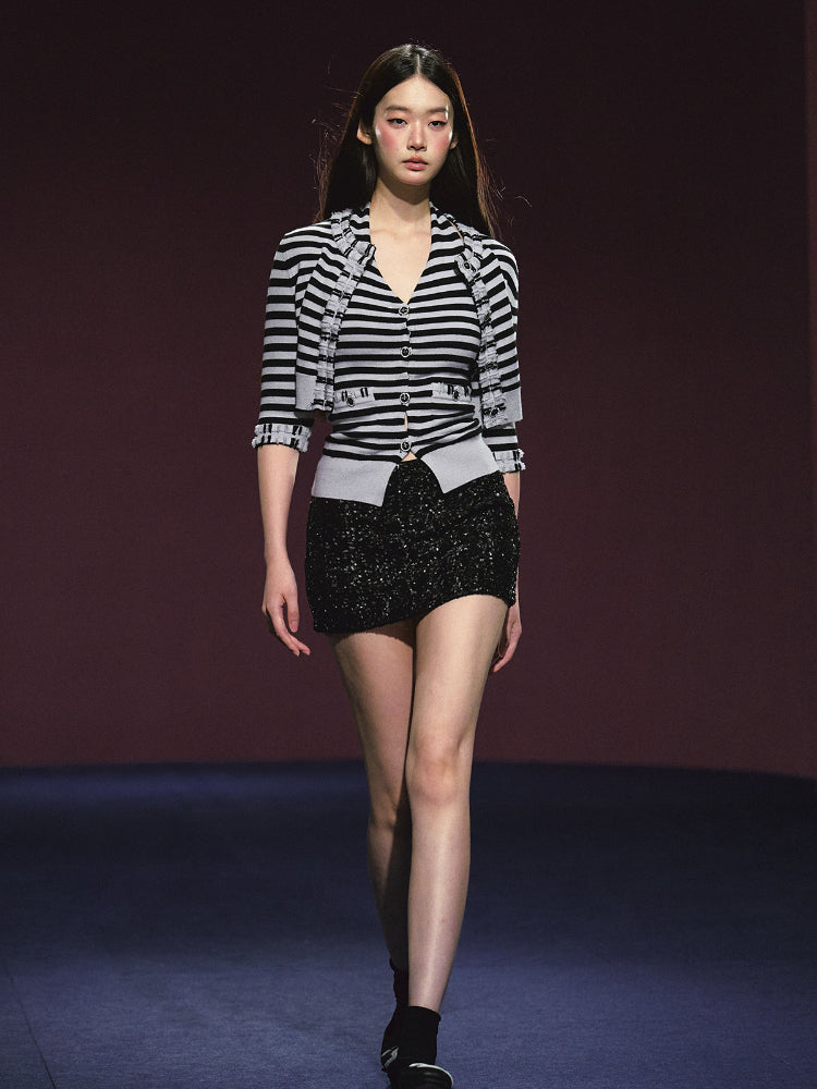 Contrast Stripe Halter Camisole Tank Top & Cardigan Set