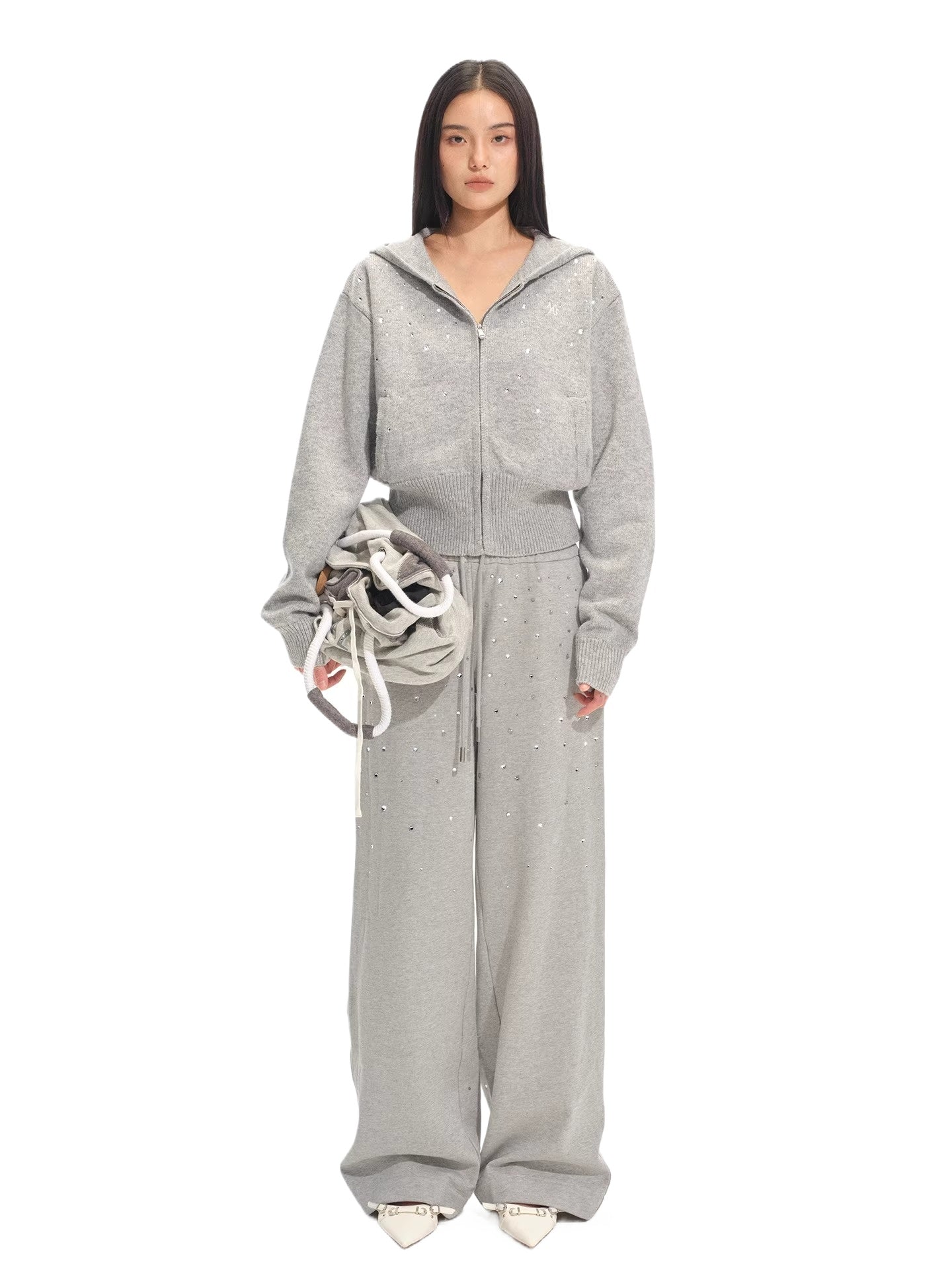Gradient Rhinestone Cotton Knit Wide-Leg Pants