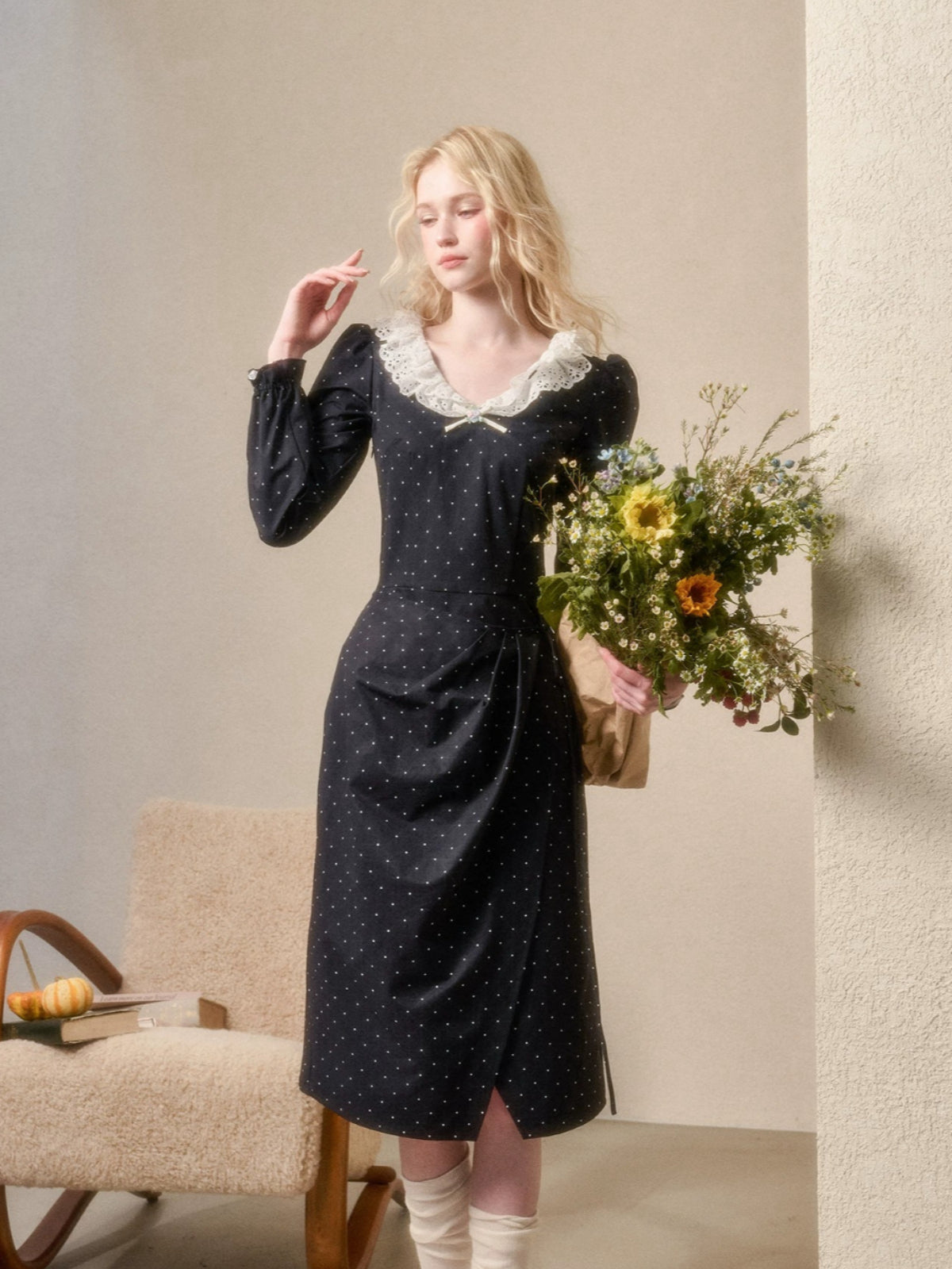Vintage Polka Dot Lace Trim Dress