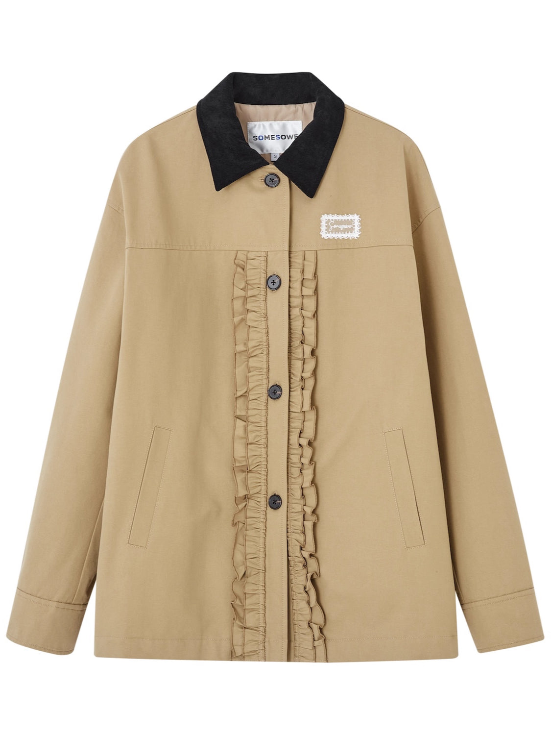 Colorblock Lapel Ruffle Puffer Coat