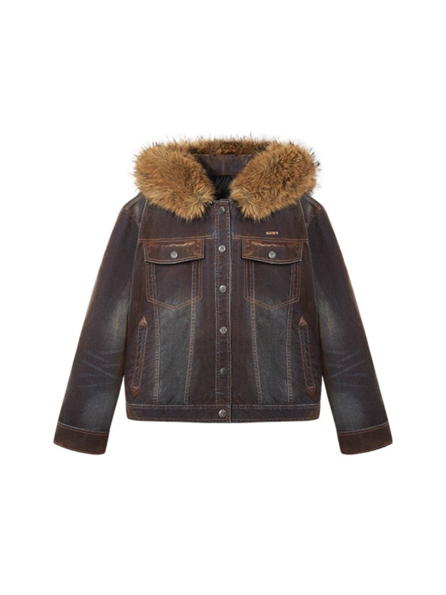 Ross Oversized Washed Eco Fox Fur Collar Denim Jacket