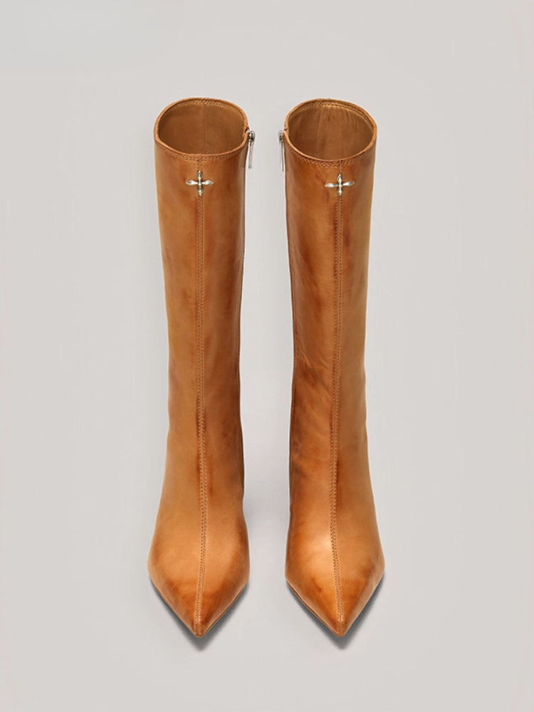 Compass Badge Sword Leather High Heel Boots Patina Wild Horse Brown Patina