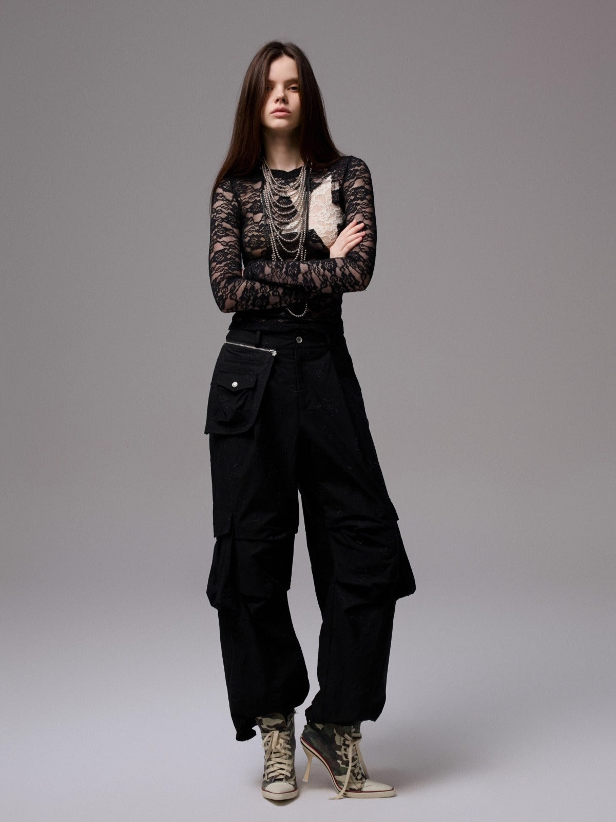 Vintage Contrast Star Patch Lace Slim Long Sleeve Top