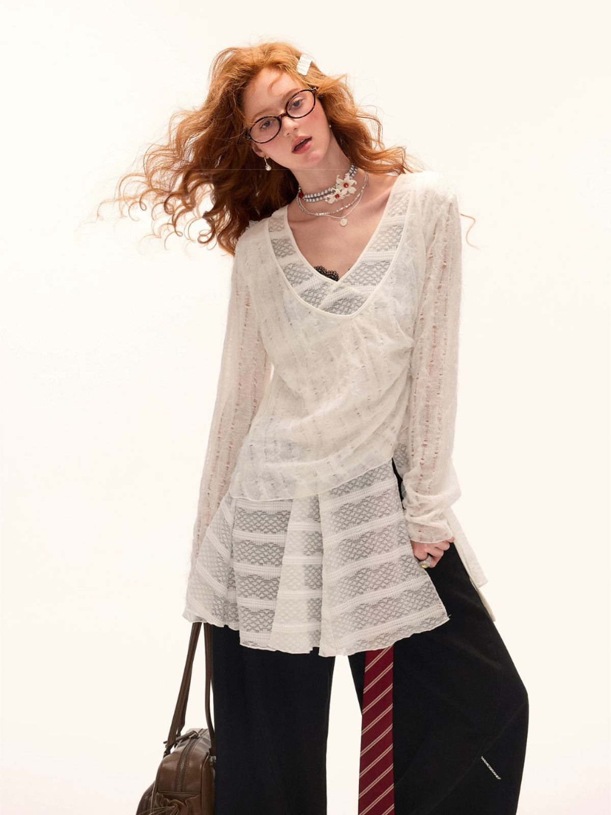 Layered V-Neck Sheer Long Sleeve Top