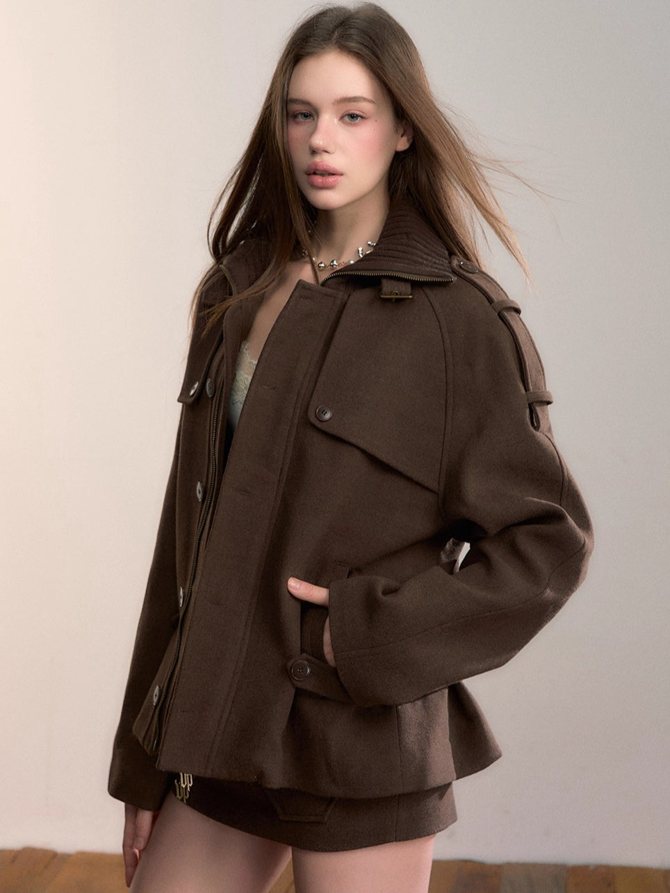 Knit-Panel High-Neck Padded Jacket
