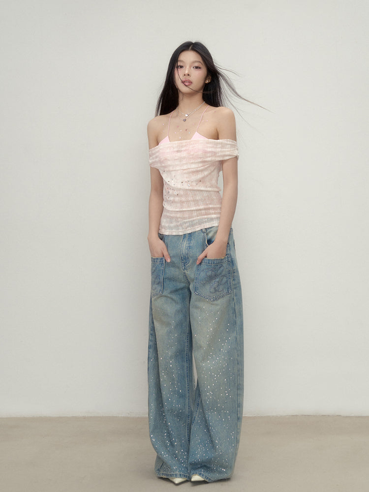 Colorful Rhinestone One-Shoulder Top T-shirt