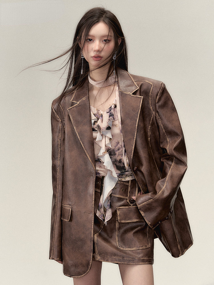 Vintage PU Leather Jacket & Skirt Two-Piece Set