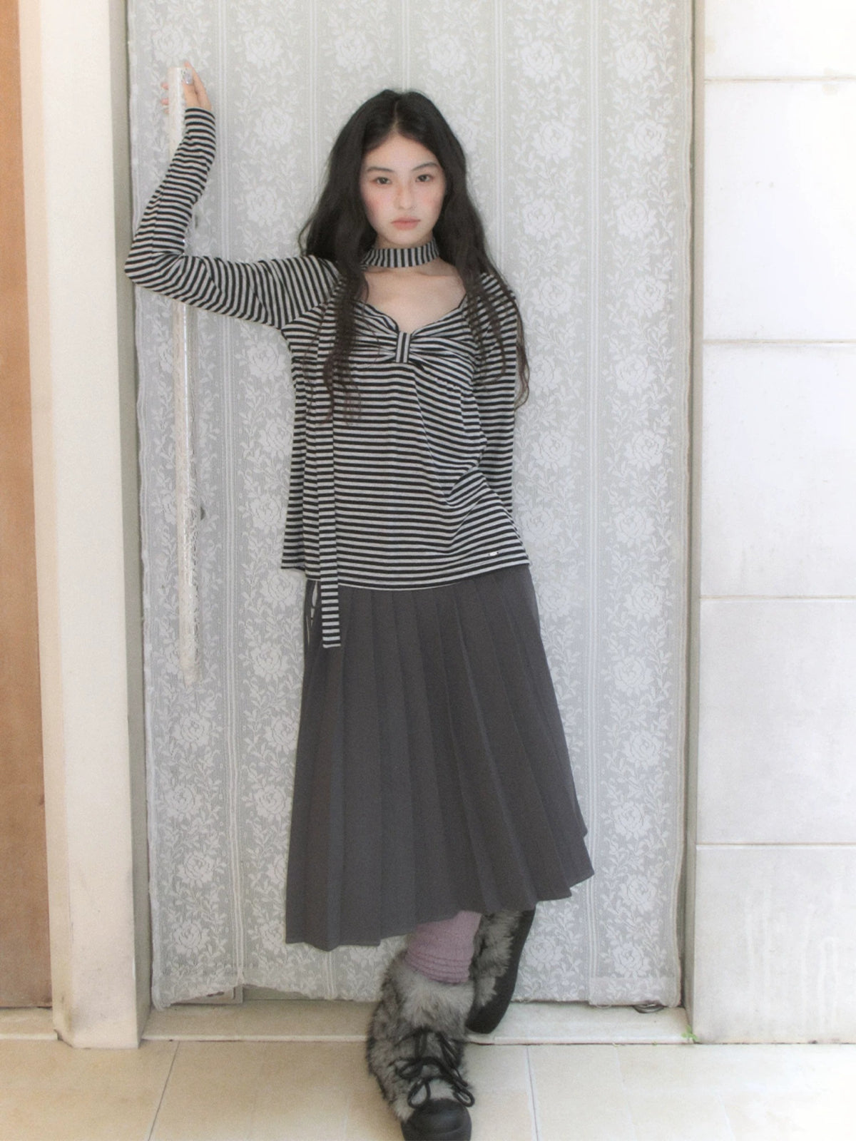 Square Neck Bow Striped Top