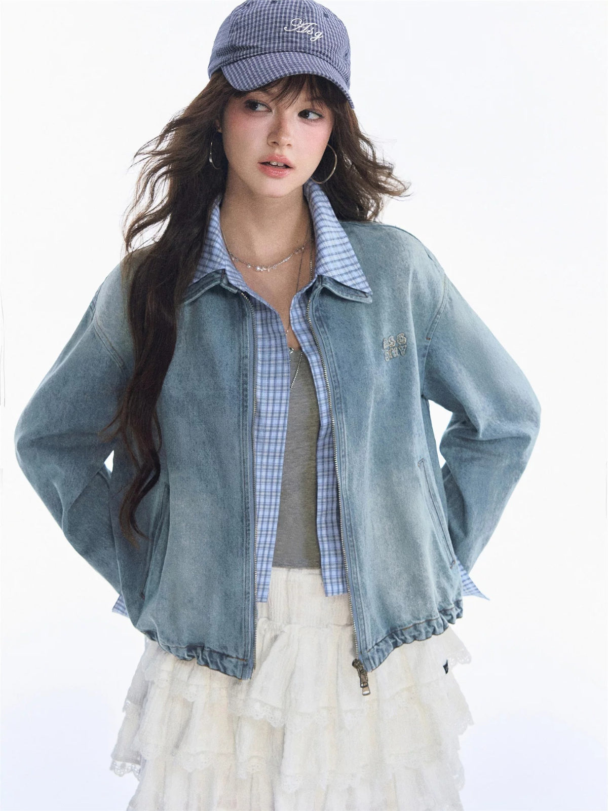 Academic Plaid Patchwork Denim Jacket