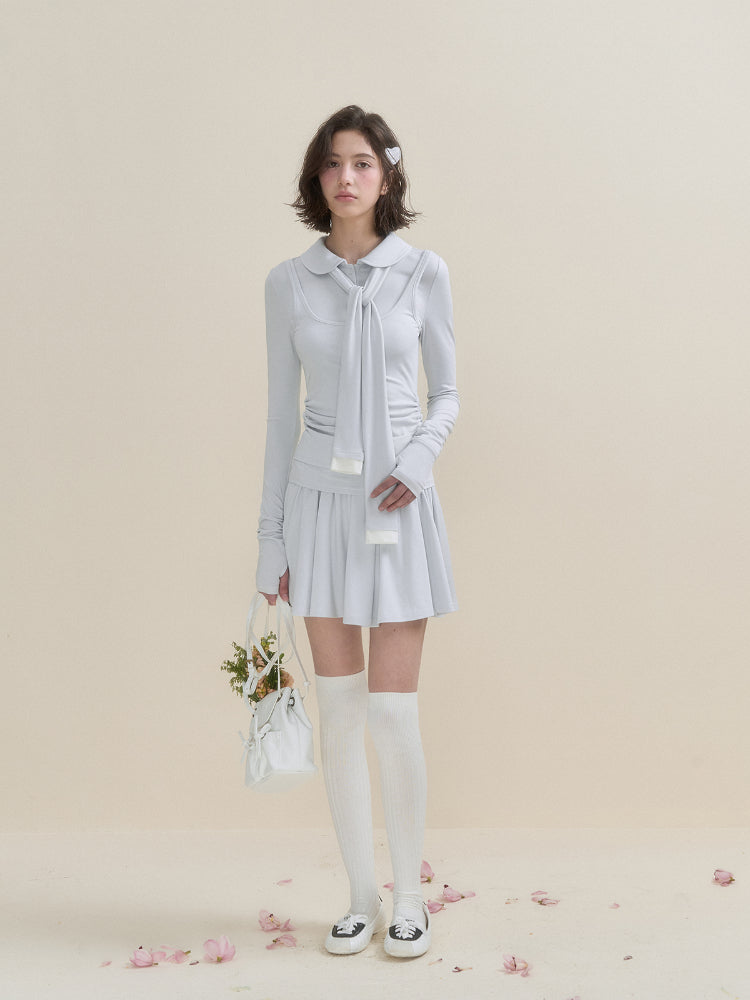 White & Blue Collared Knit Top & Skirt Set