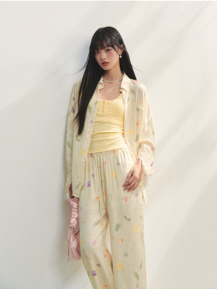 Lace-trimmed Floral Print Long-sleeve Shirt