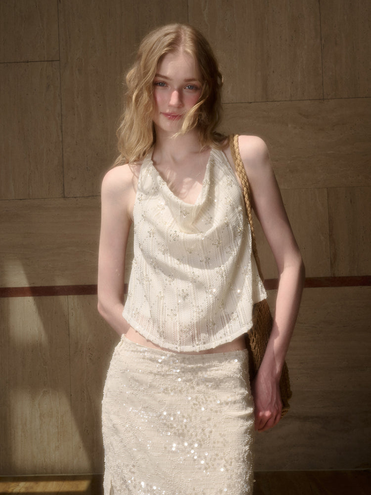 Embroidered Sequin Knit Top & Skirt Set