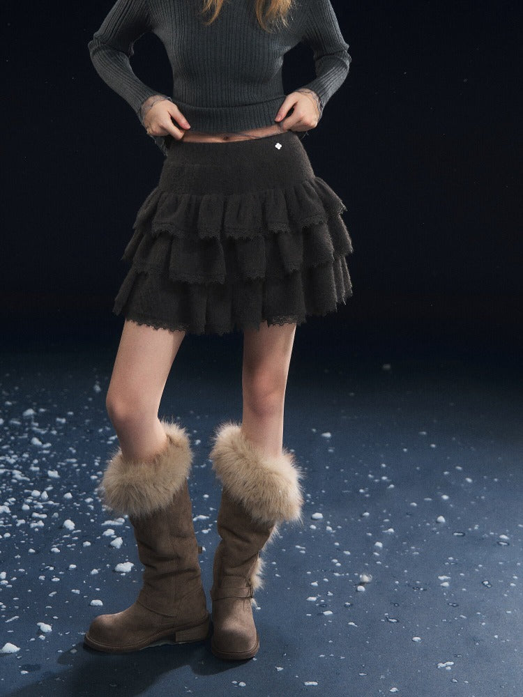 Lace-Panel Velvety Tiered Skirt