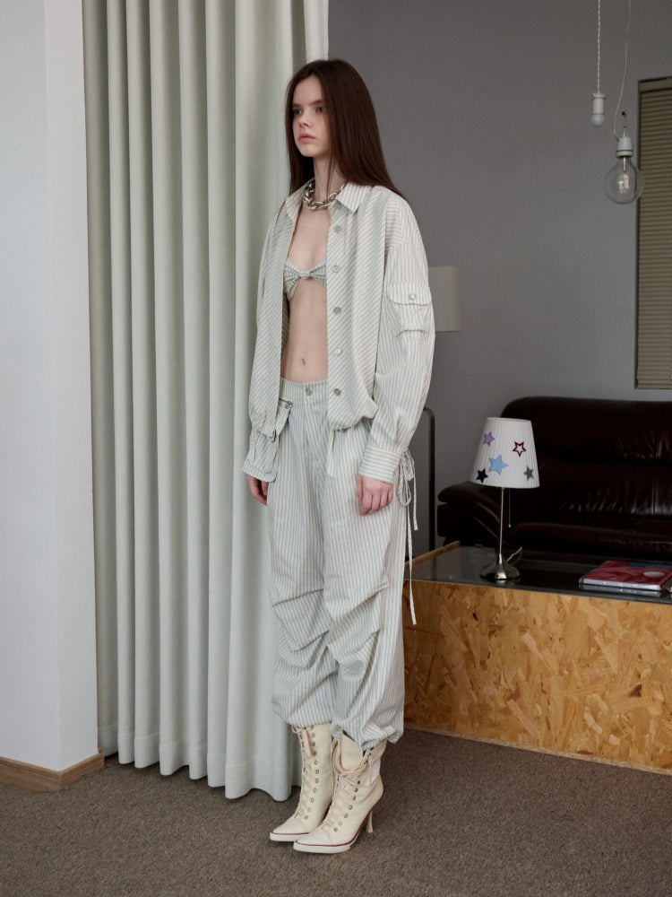 Retro Diagonal Cut Striped Bud Shirt & Cargo Set