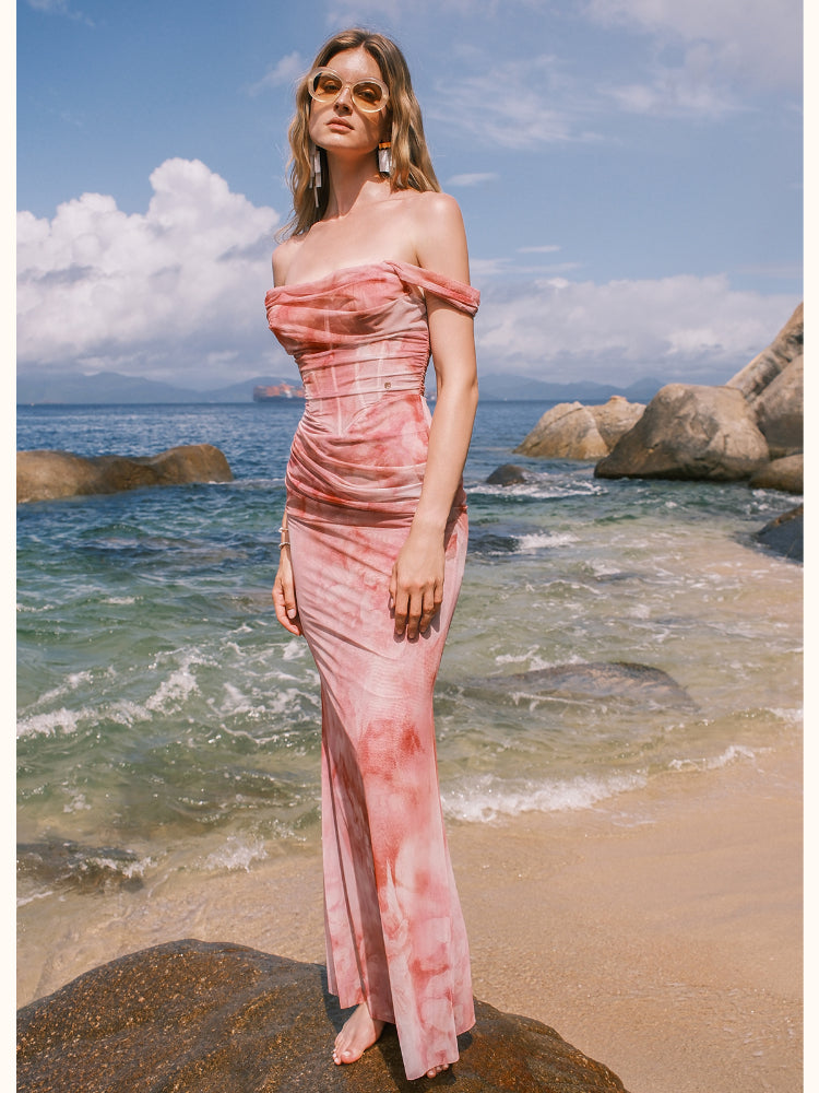 One-shoulder Pleated and Gradient-dyed Dress