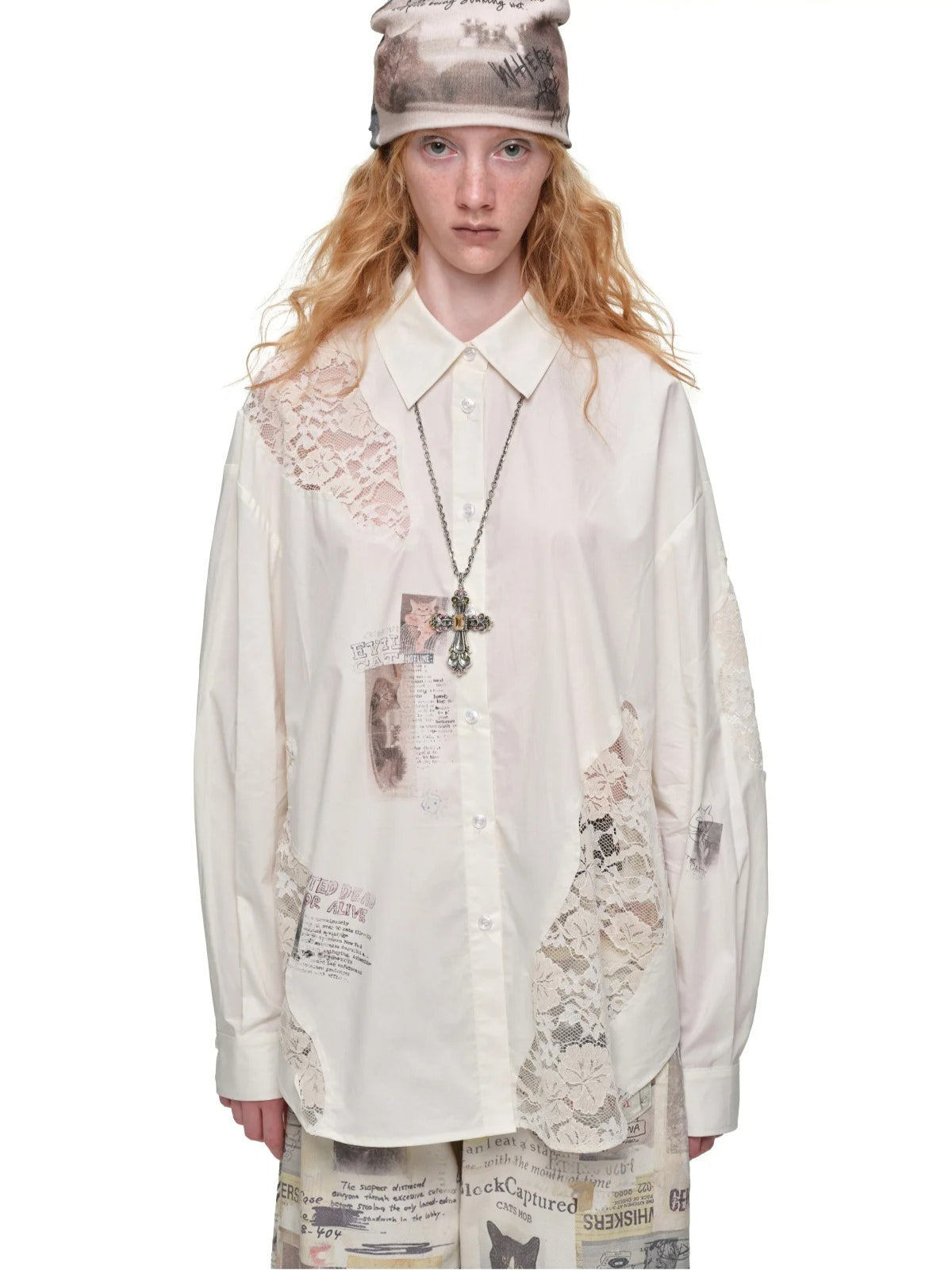 Cat Print Lace Panel Shirt