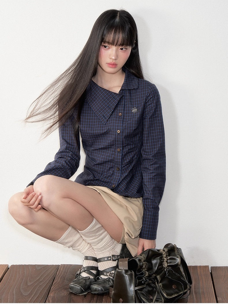 Navy Blue Plaid Lapel Collar Shirt