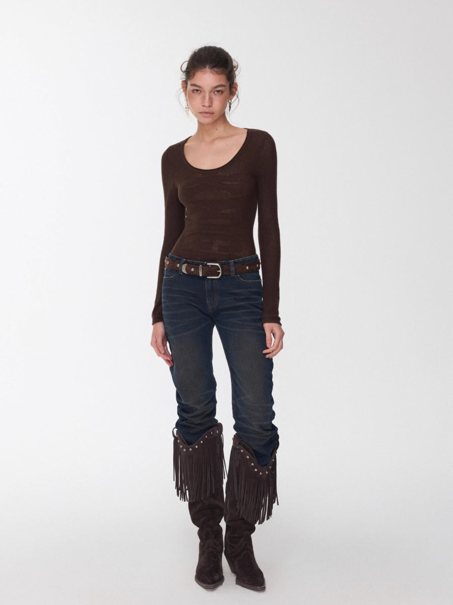 Crewneck Textured Open-Knit Wool Sweater