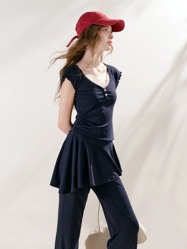 Lace U-Neck Fitted T-Shirt & Pants Set