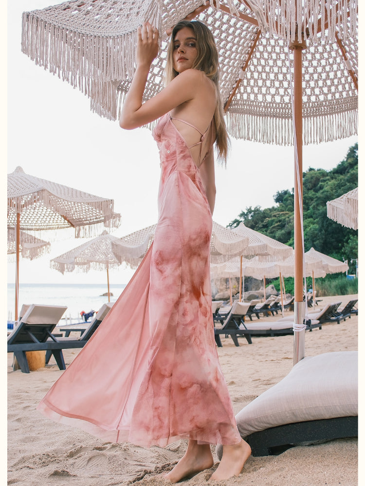 Net Fabric Halter Neck Backless High Slit Floral Print Dress