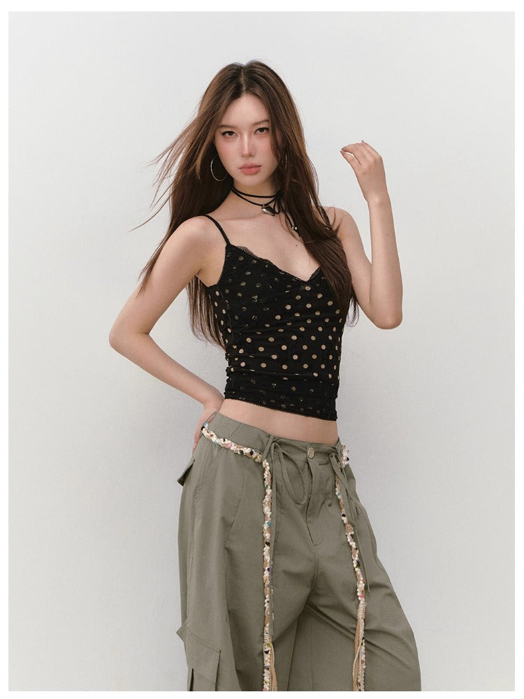 Irregular Tie-Dye Polka Dot Lace Tank Top