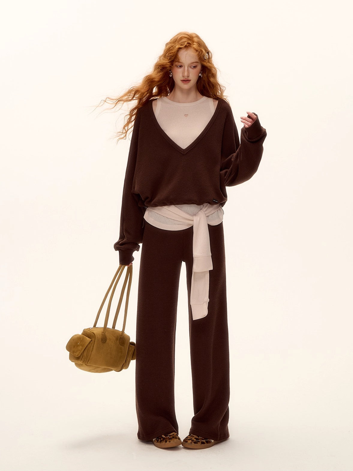 Waffle Knit V-Neck Pullover & Tie Vest Set with Wide-Leg Pants