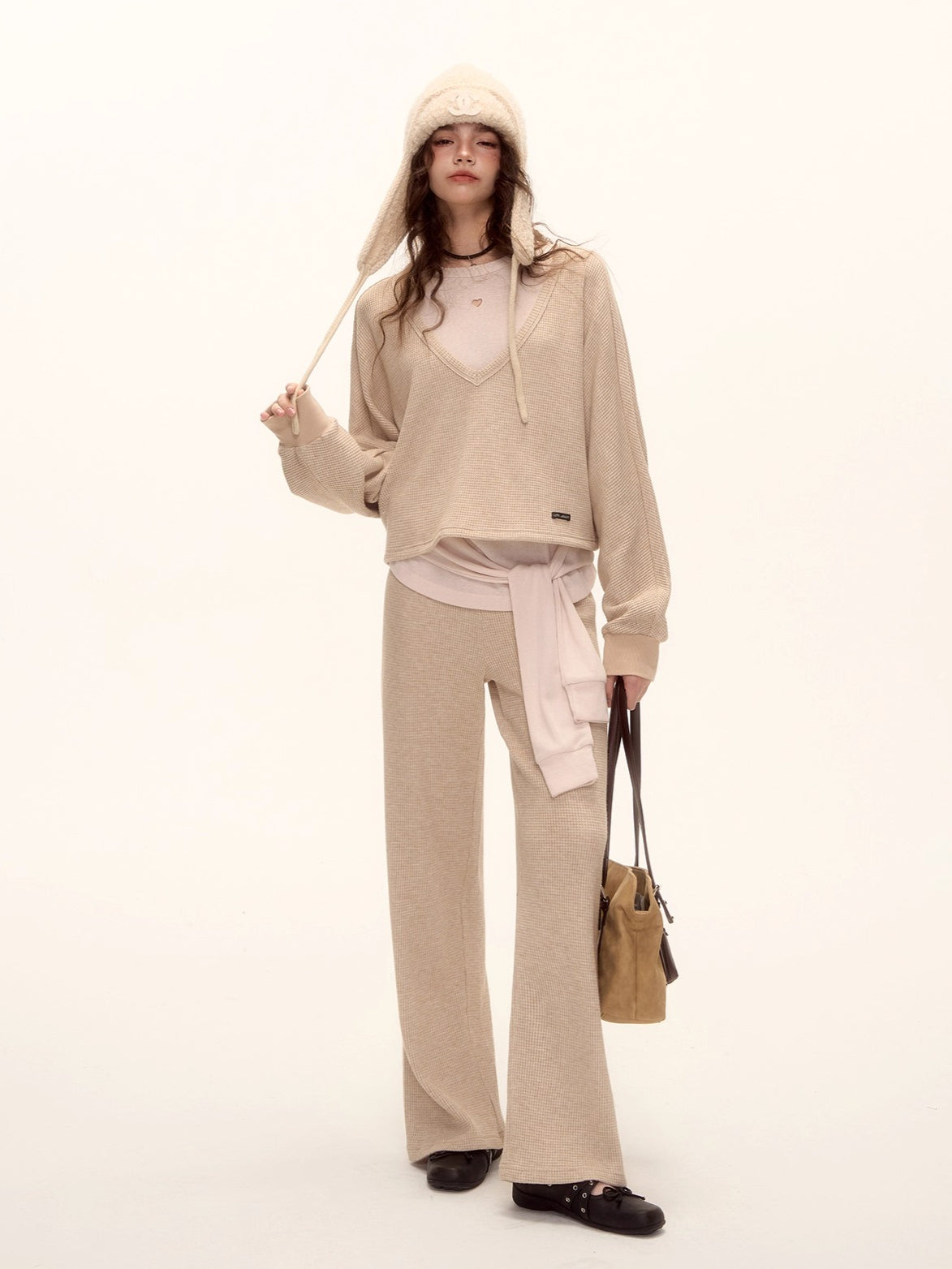 Waffle Knit V-Neck Pullover & Tie Vest Set with Wide-Leg Pants