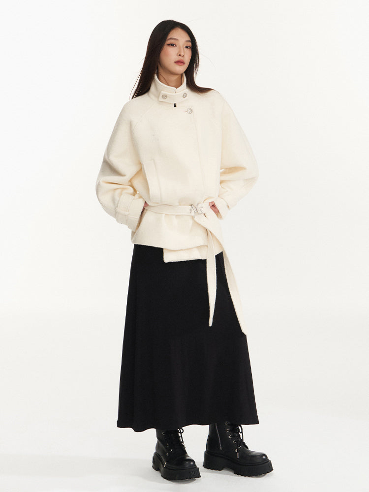 Cream & Black Wool Blend Loose Lapel Jacket