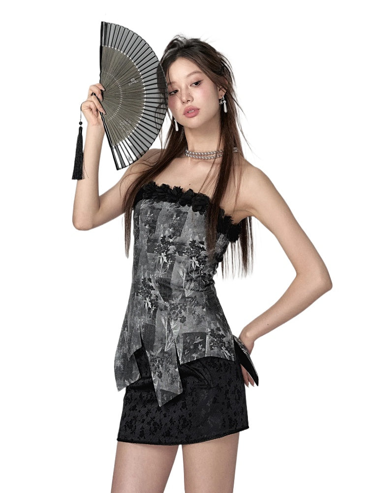 Black Petal Off-Shoulder Patchwork Top