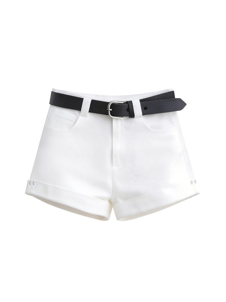 Belted Straight Denim Shorts