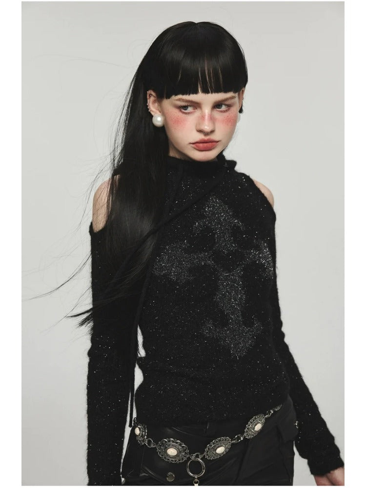 Mohair Off-Shoulder Knit Hoodie