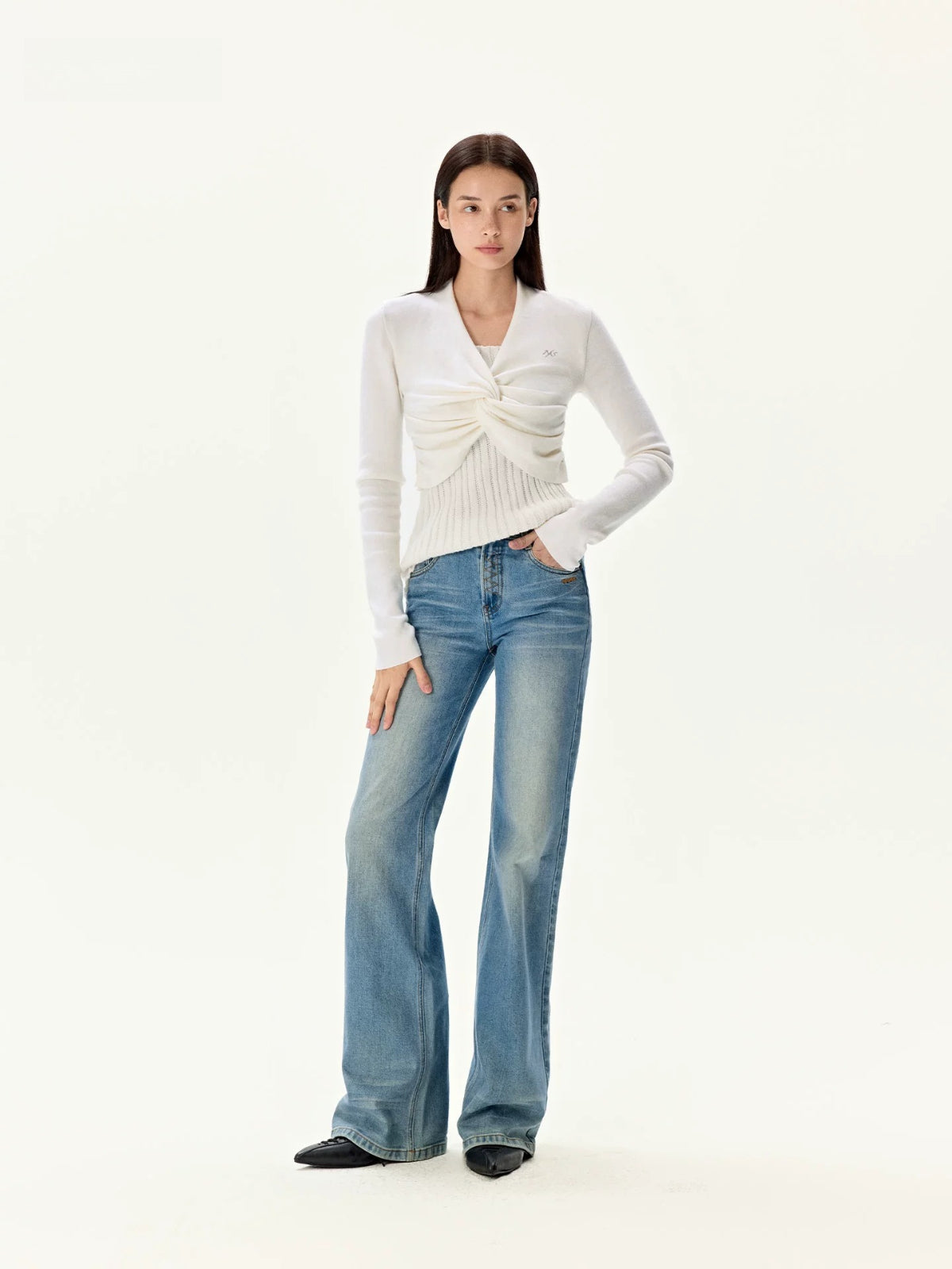 Pearl Twist Knit V-Neck Sweater