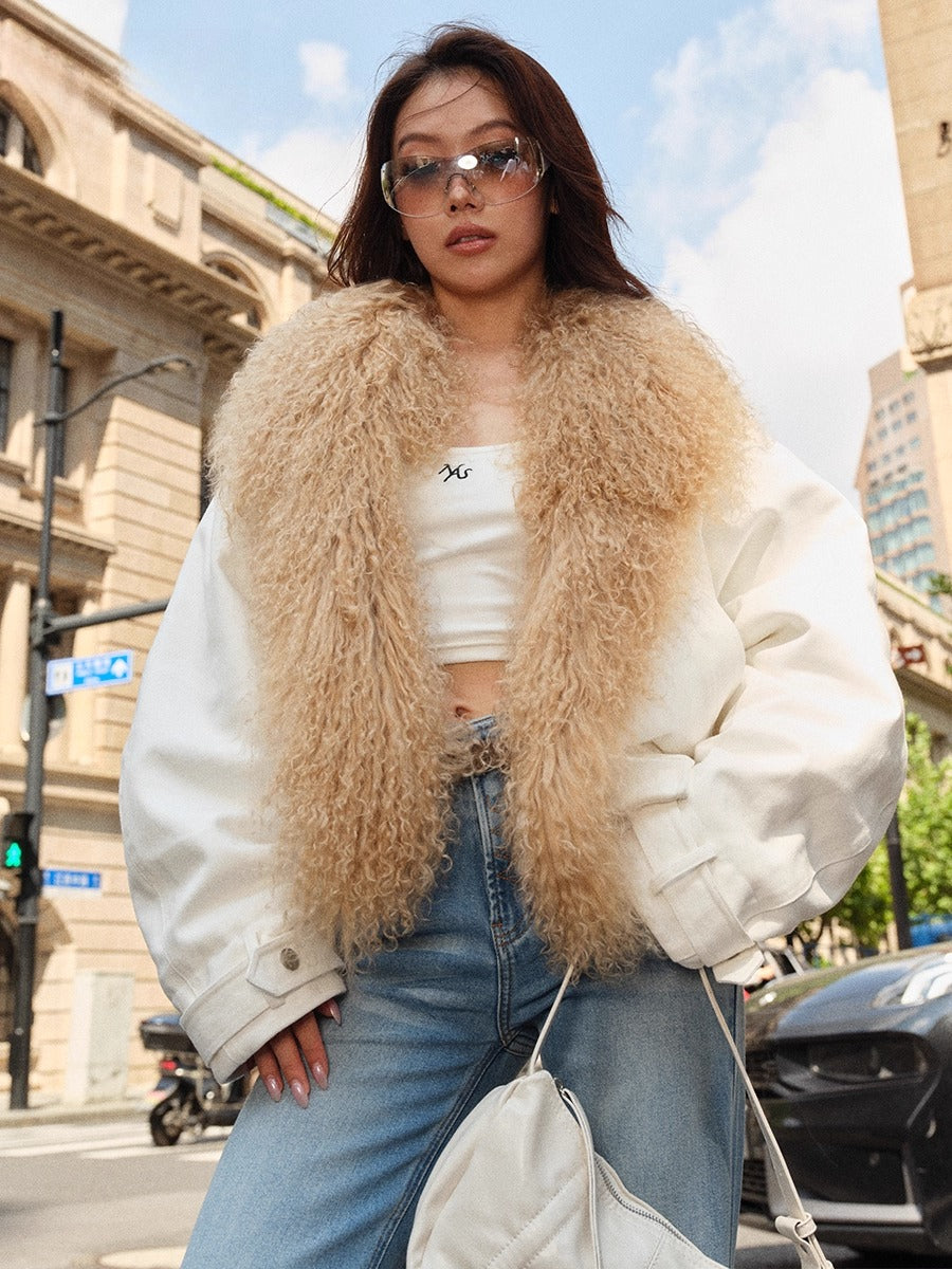 Polar Shearling Collar Denim Down Jacket