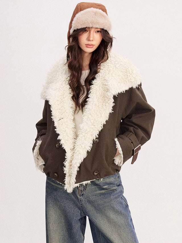 Sheepskin Splicing Quilted Boxy Short Jacket