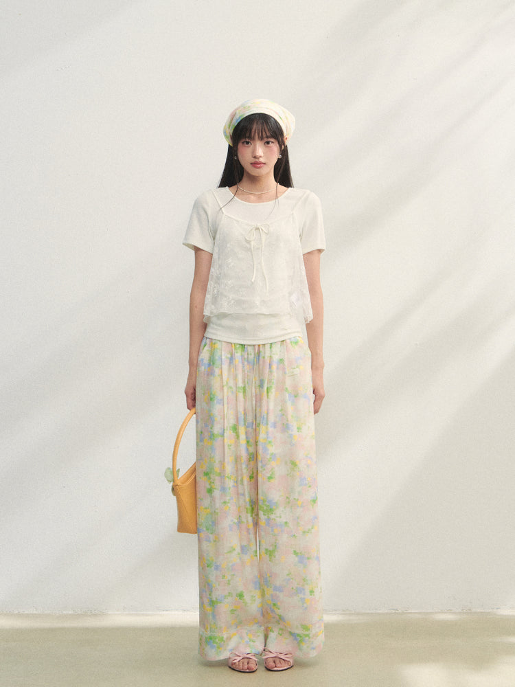 Lace-Trimmed Waist-Tie Wide-Leg Pants