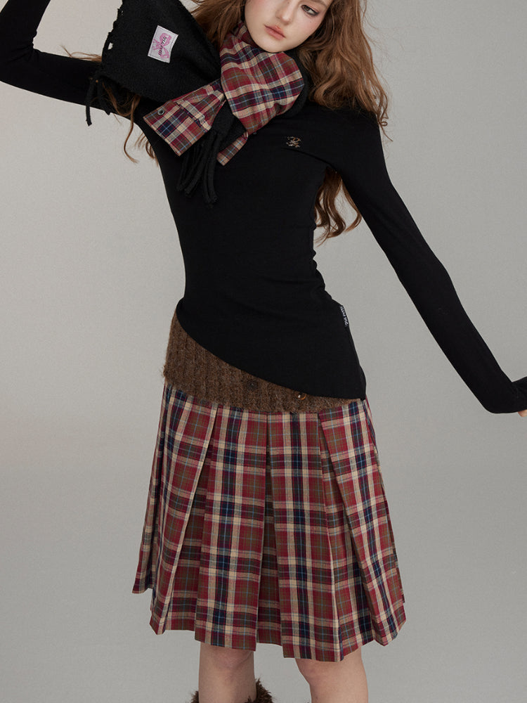 Patchwork Button Wool Pleated Skirt