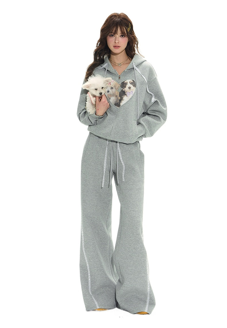 Gray Spliced Dog-Print Hoodie & Sweatpants Set