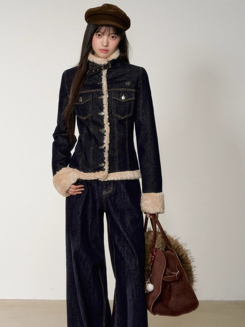 Denim Panel Fur-Trim Down Jacket