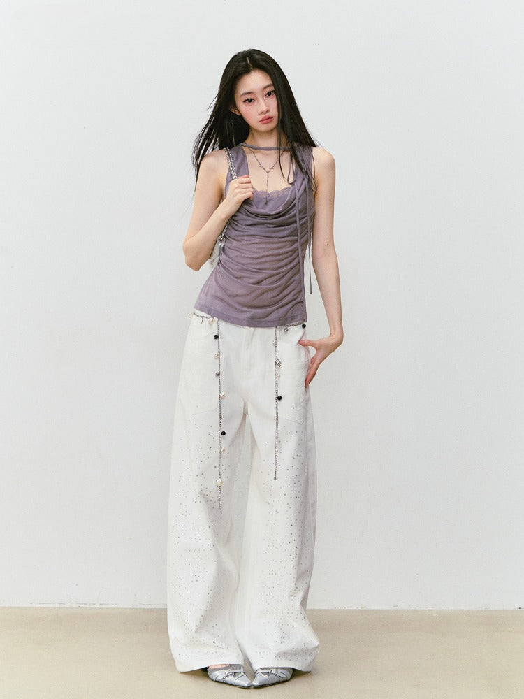 Fake Two-piece Spliced Lace Swing-neck Tank Top