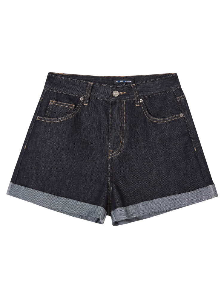 Washed Rolled Denim Shorts